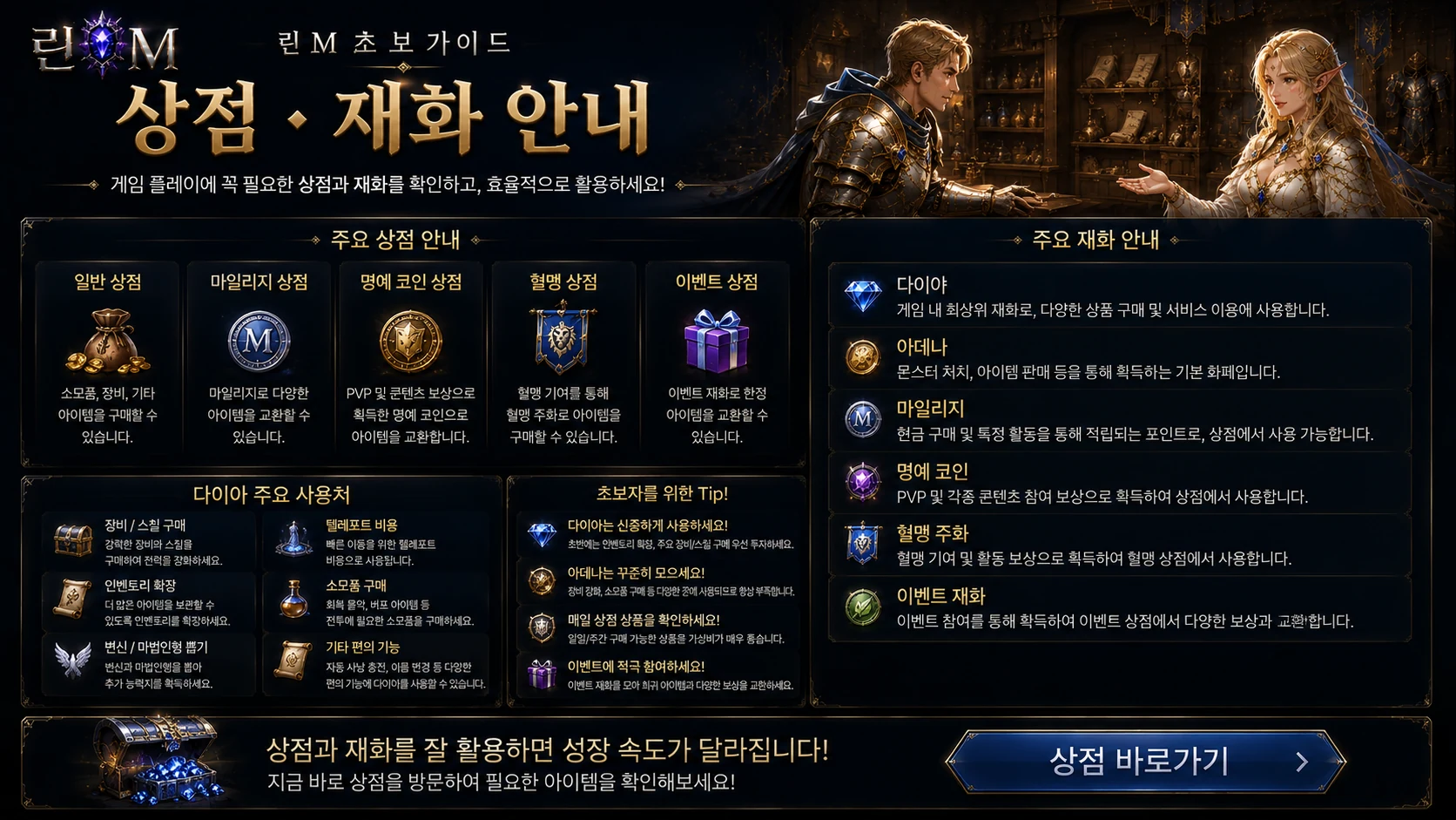 린M 초보 상점과 재화 안내 이미지